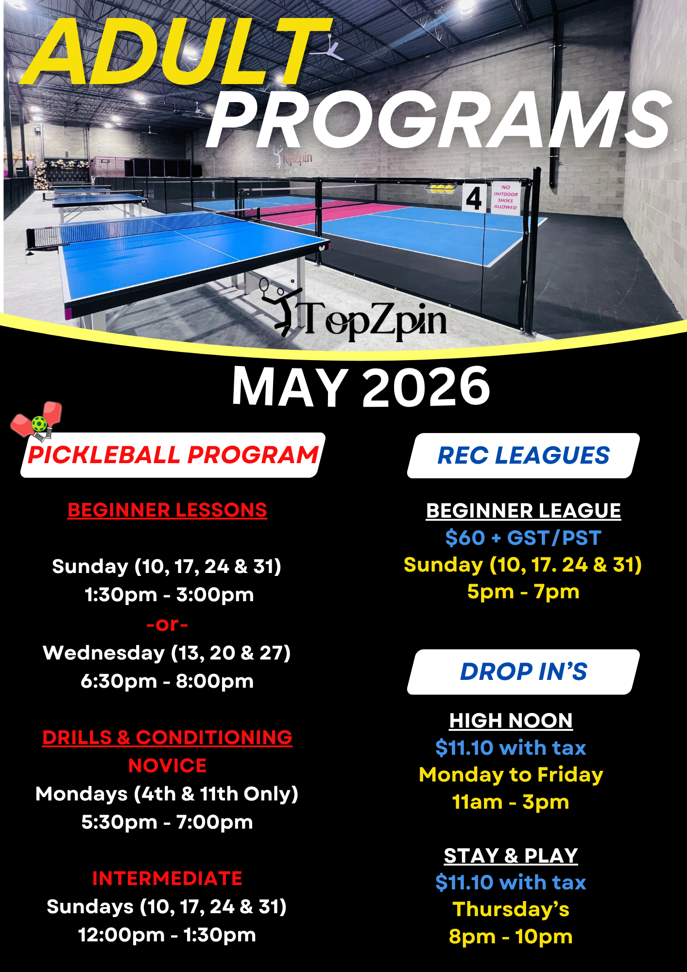 Flyer for adult pickleball programs in January 2026. Includes Beginner, Novice, and Intermediate classes with pricing.