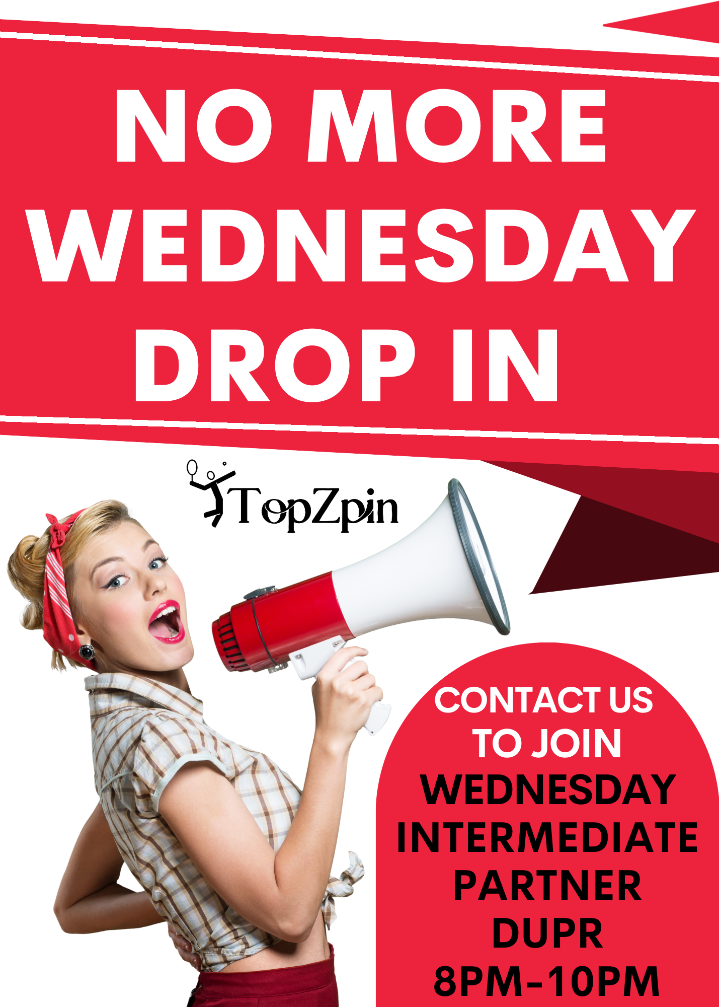 Announcement for Topzpin: Closed Dec 24 - Jan 2, 2026. Reserve court time online for access. No drop-in 8-10 PM. Pro-shop closed.