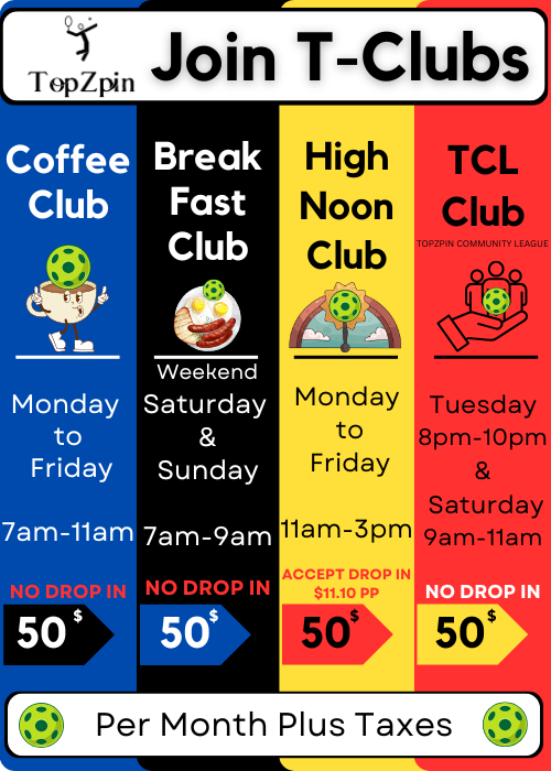 Poster advertising T-Clubs: Coffee, Breakfast, High Noon, and TCL Clubs, listing times, days, and monthly costs.