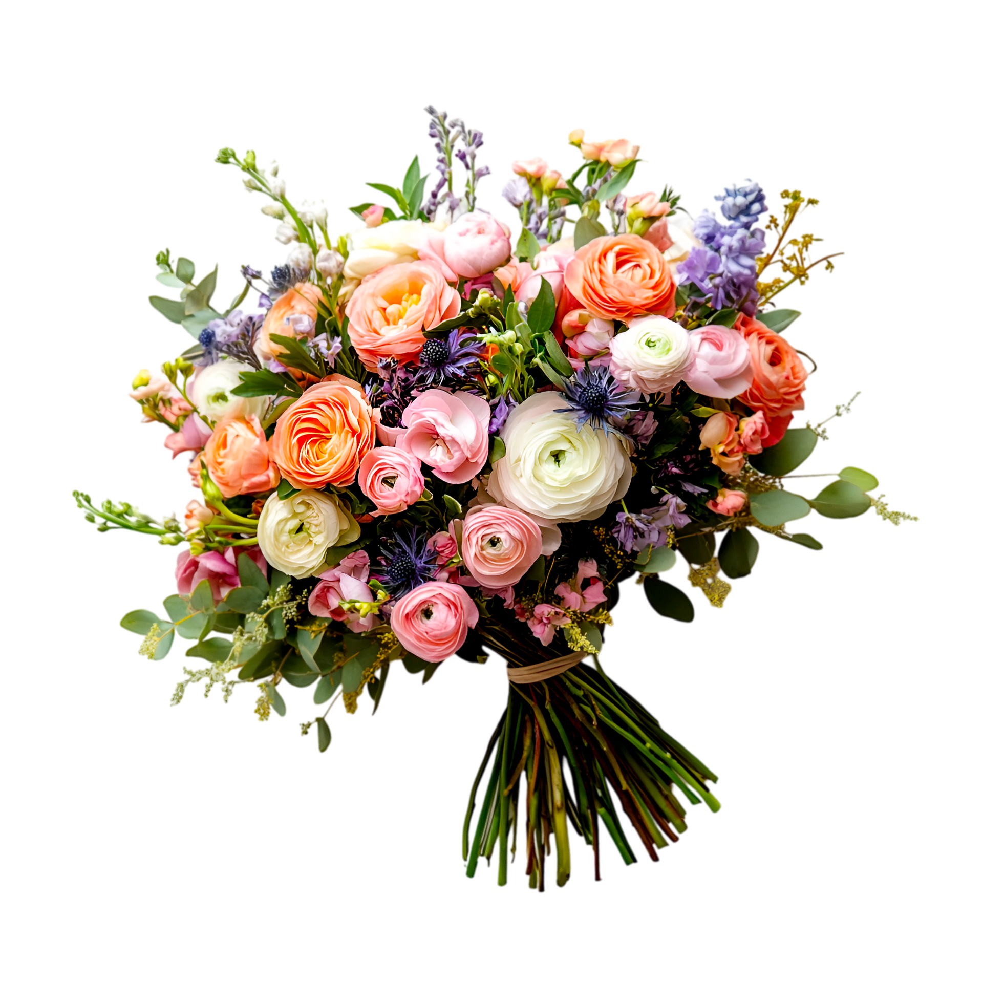Un bouquet de fleurs colorées sur fond blanc.