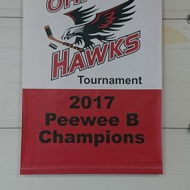 Banner for the OH Hawks tournament. Red and black banner reads