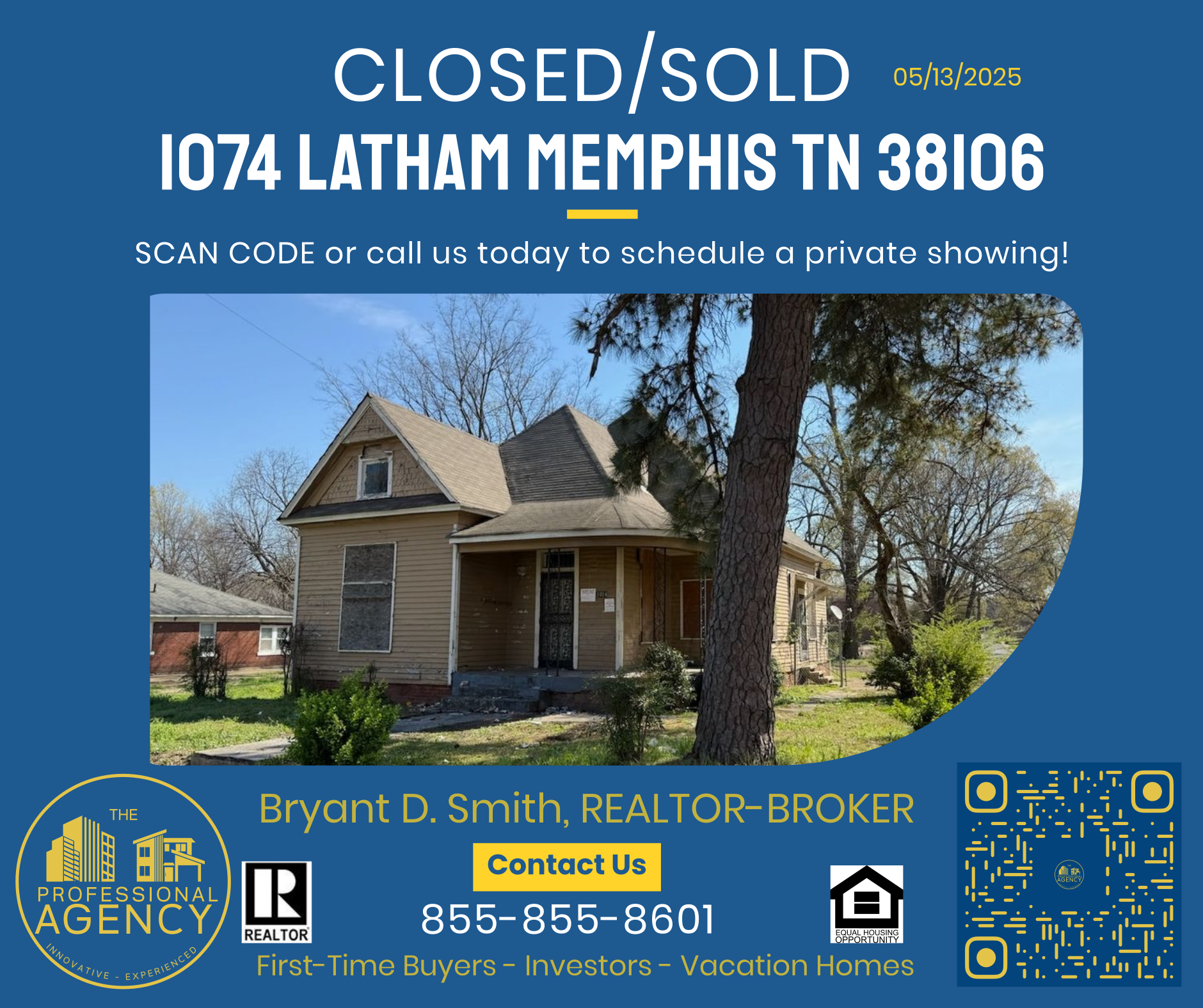 Real estate ad: Closed/sold house at 1074 Latham, Memphis, TN. Features a home photo, contact info for showings.