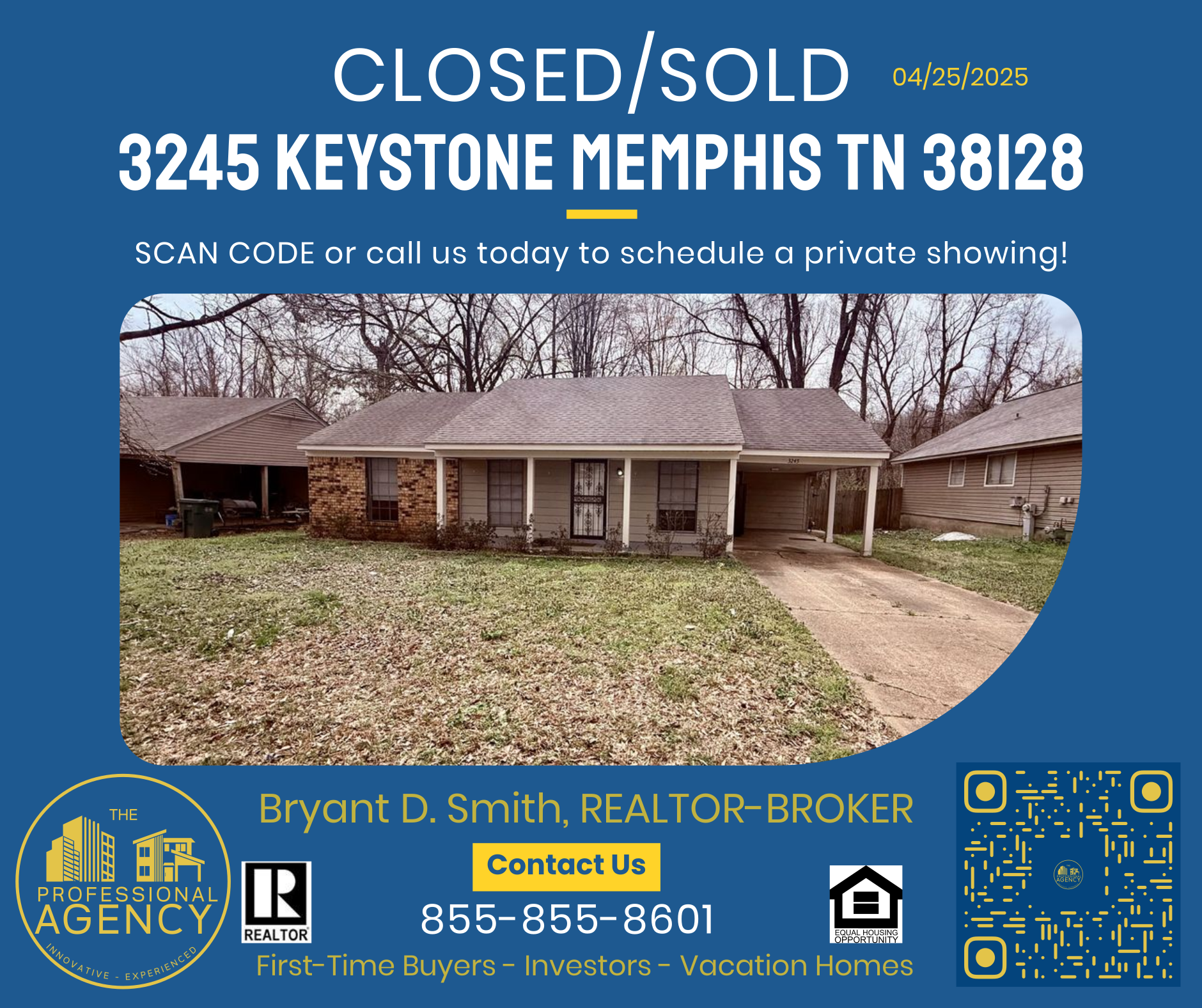 Real estate advertisement: A house in Memphis, TN, marked as closed/sold with contact information.