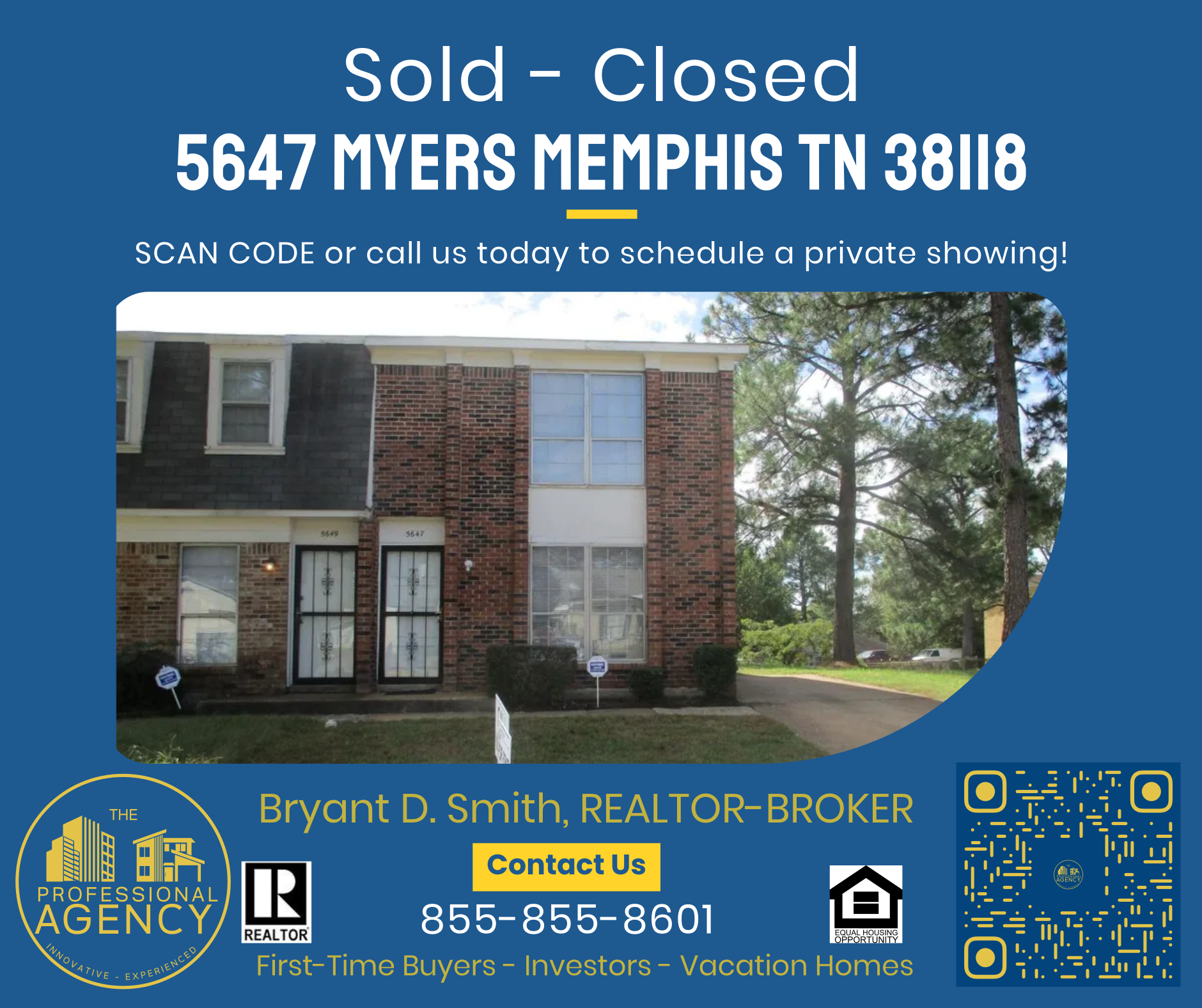 Real estate advertisement: Sold house at 5647 Myers, Memphis. Includes realtor contact info and QR code.