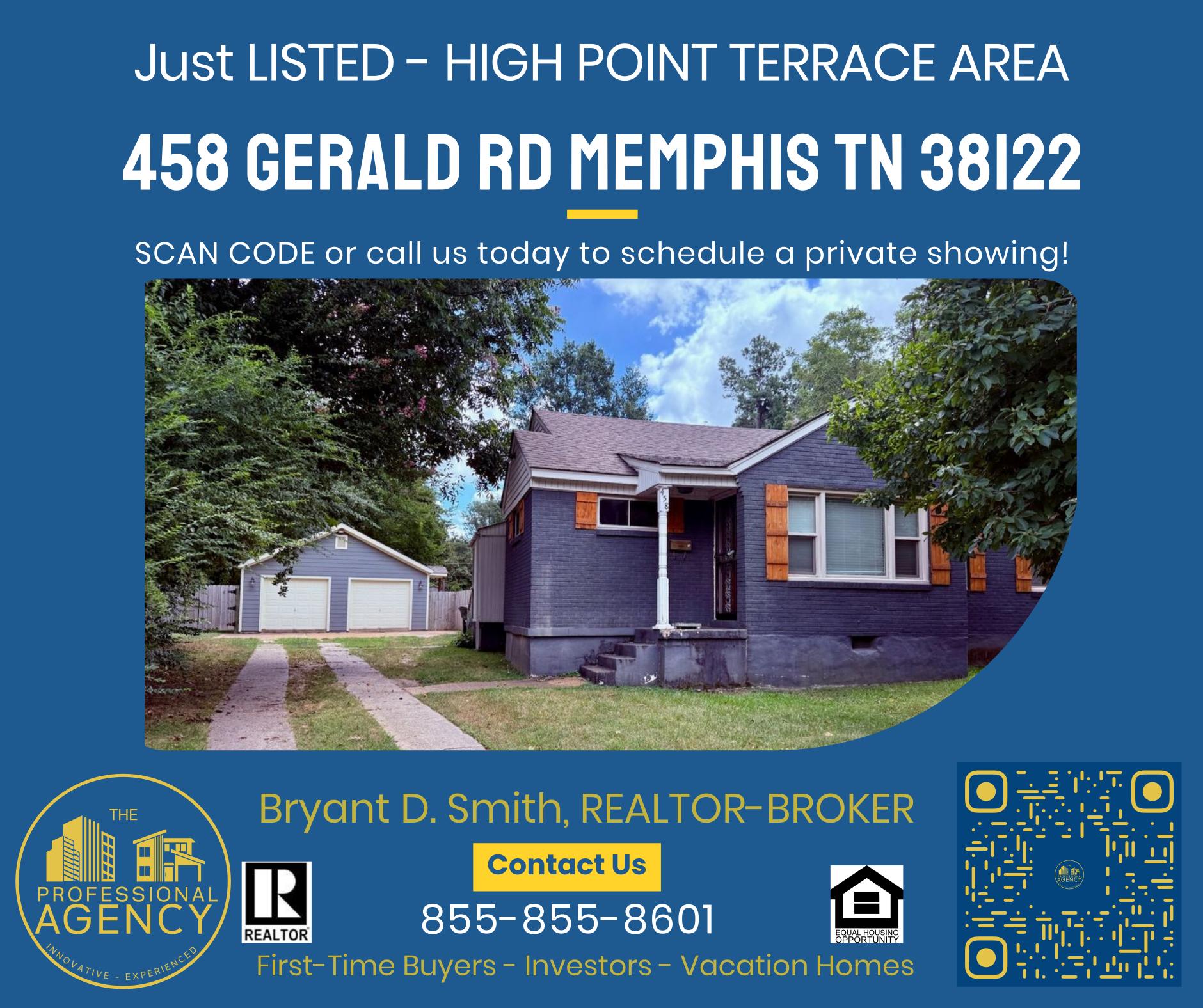 Real estate ad: House at 458 Gerald Rd, Memphis. Text reads