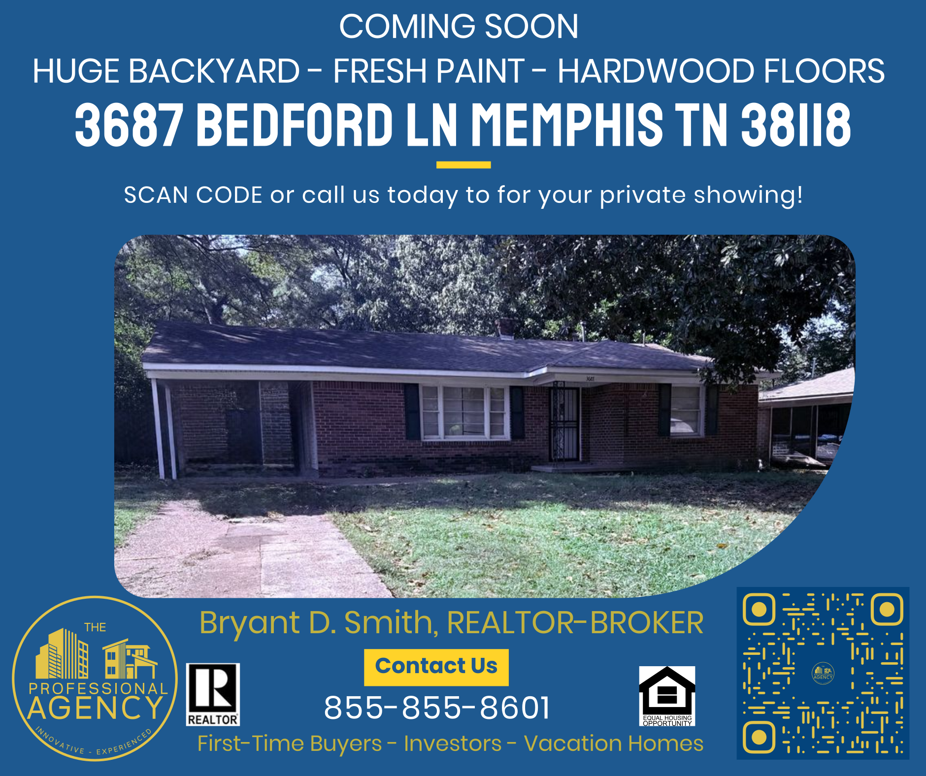 Real estate ad for 3687 Bedford Ln Memphis TN 38118, featuring a house exterior and contact info for Bryant D. Smith, REALTOR-BROKER.