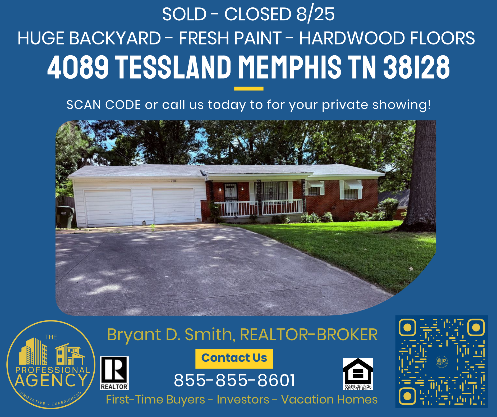 Real estate listing: house with a driveway, blue background,