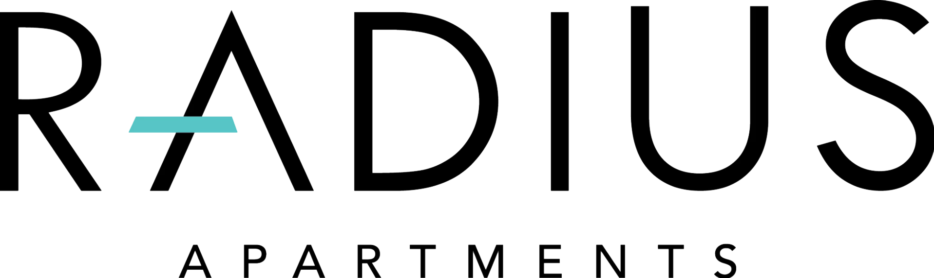 Radius Apartments logo: Black text with a teal horizontal line on the letter
