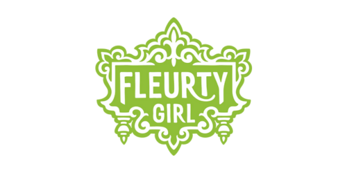 Fleurty Girl logo in light green, ornate frame, white background.