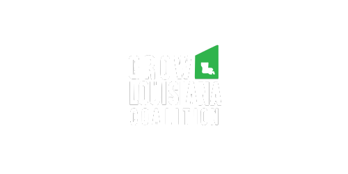 Logo for Grow Louisiana Coalition: white text, green geometric shape with a Louisiana outline.