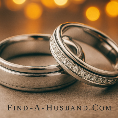 A pair of wedding rings with the website find-a-husband.com below them