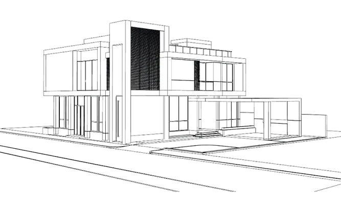 A black and white drawing of a modern house on a white background.