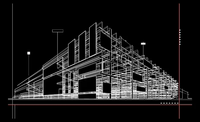 A black and white drawing of a building on a black background