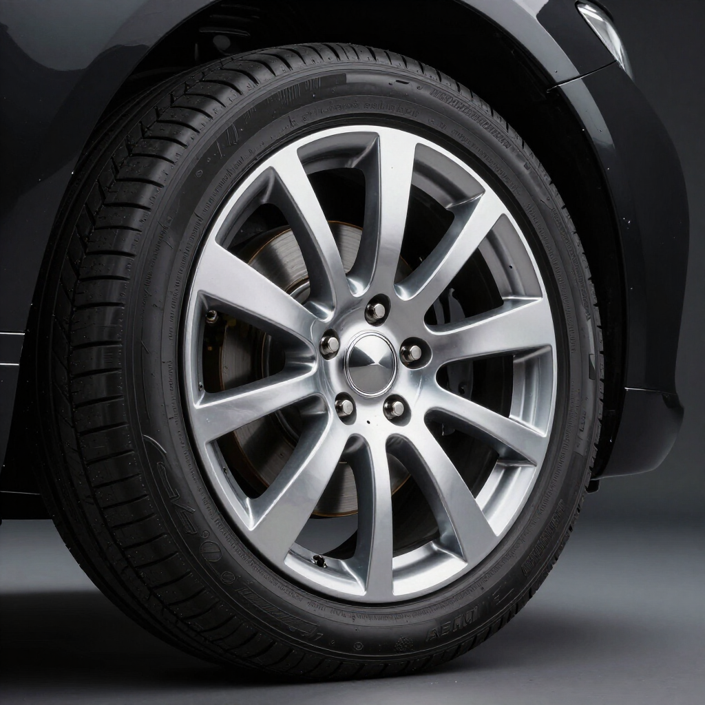 Een close-up van een zilverkleurig lichtmetalen wiel met meerdere spaken van een zwarte auto, afgebeeld tegen een donkergrijze achtergrond.