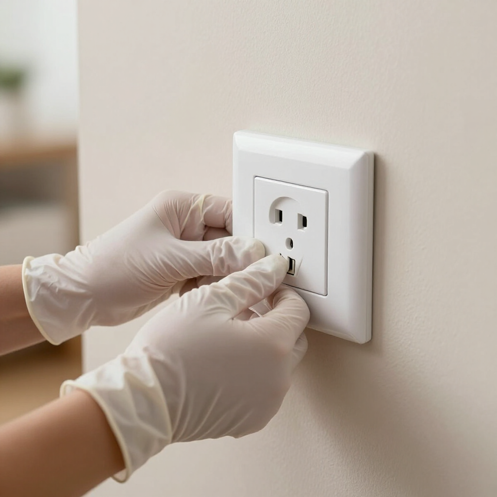 Handen met witte medische handschoenen drukken een wit stopcontact in een lichtgekleurde muur.