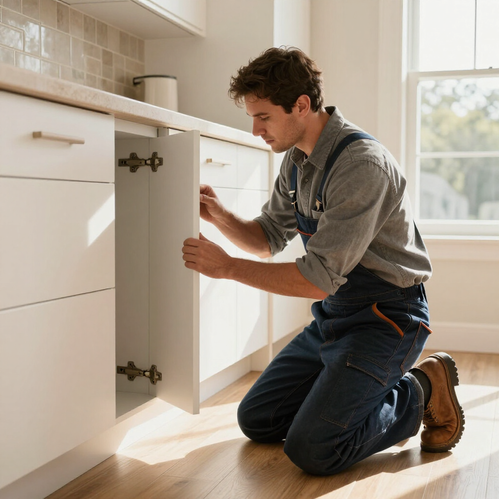 Een persoon in een donkere werkoverall knielt op de keukenvloer en stelt het scharnier van een witte kastdeur af.