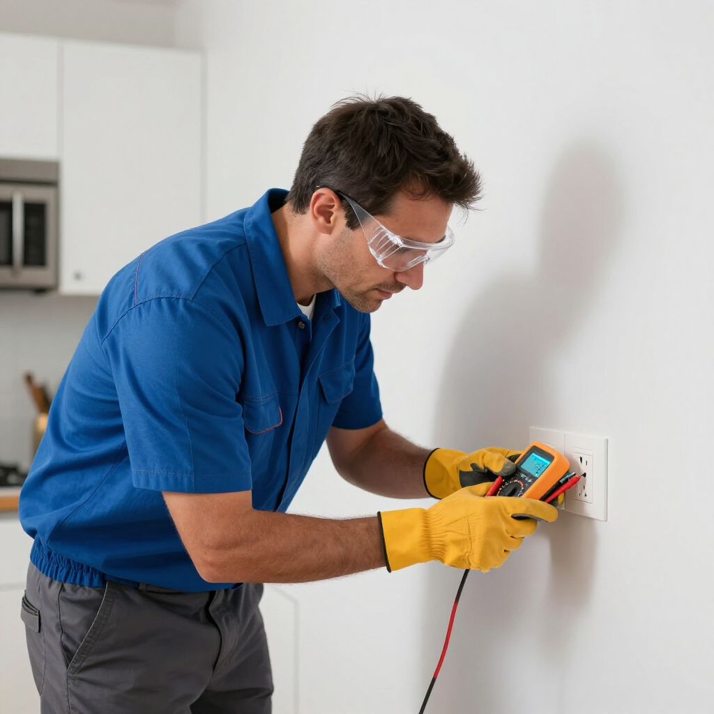 Een elektricien met een veiligheidsbril en gele handschoenen gebruikt een multimeter om een ​​stopcontact in een keuken te testen.