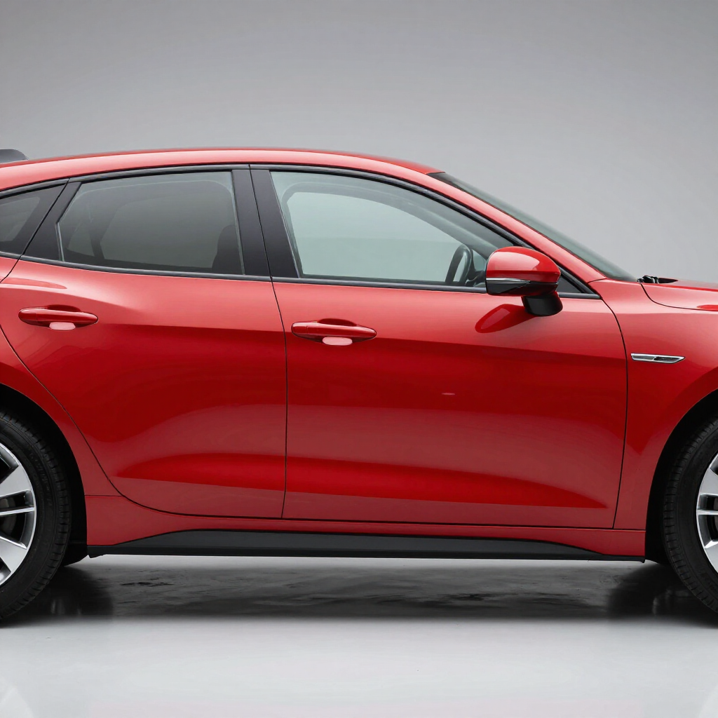 Een felrode SUV staat in profiel geparkeerd tegen een effen, lichtgrijze achtergrond.