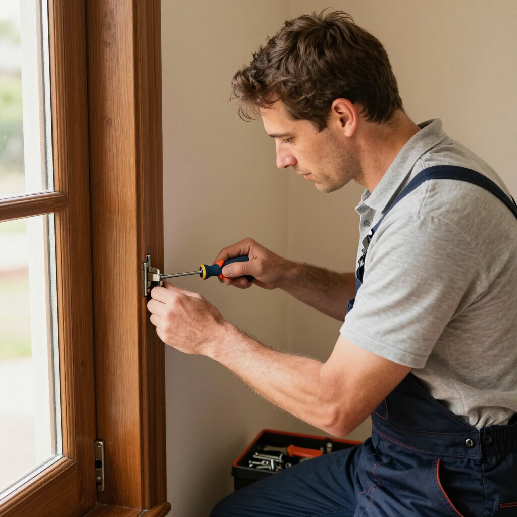 Een vakman in een overall gebruikt een schroevendraaier om een ​​slot op een houten deurkozijn te installeren of te repareren.