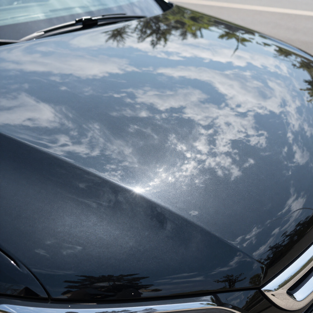 Een glanzende, donkergekleurde motorkap die een helderblauwe lucht met witte wolken weerspiegelt.