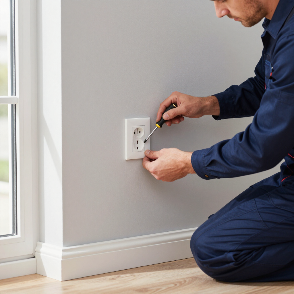 Een professional in een blauw uniform gebruikt een schroevendraaier om een ​​wit stopcontact in een grijze muur te installeren.