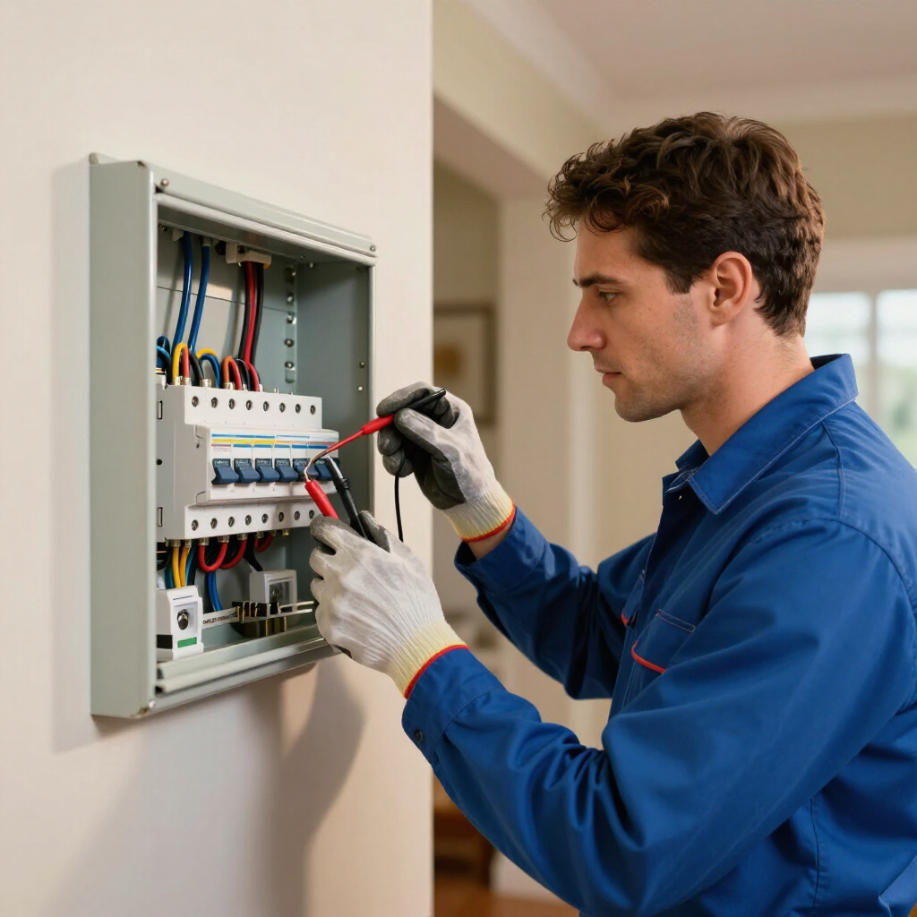 Een technicus met handschoenen aan gebruikt een multimeter om een ​​aan de muur gemonteerd elektrisch schakelpaneel te testen.