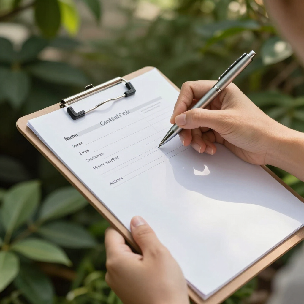 Handen houden een klembord vast met daarop een gedeeltelijk ingevulde lijst, tegen een achtergrond van groen gebladerte.