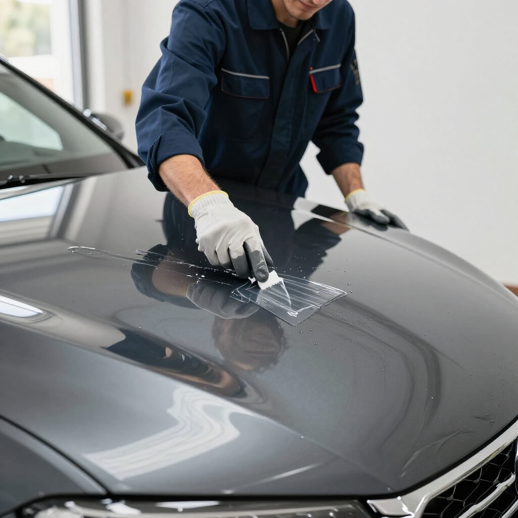 Een monteur met werkhandschoenen gebruikt een rakel om een ​​transparante beschermfolie aan te brengen op de motorkap van een grijze auto in een werkplaats.