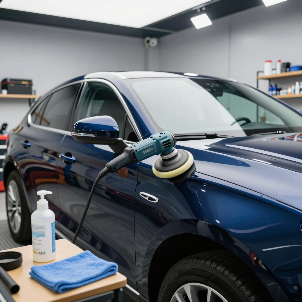 Een donkerblauwe auto staat in een werkplaats met een autopoetsmachine op de motorkap, vlakbij een tafel met gereedschap.