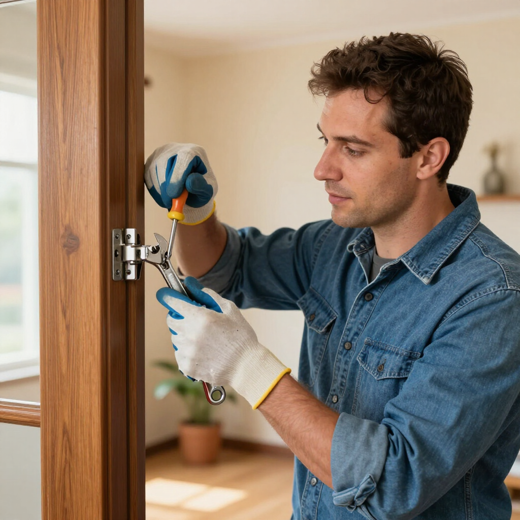 Een persoon met werkhandschoenen gebruikt een schroevendraaier om een ​​metalen scharnier van een houten deurkozijn in een kamer af te stellen.