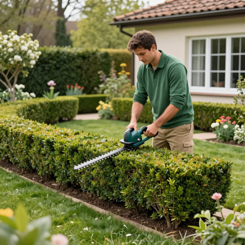Een persoon in een groen shirt snoeit een heg met een elektrische heggenschaar in een zonnige achtertuin.