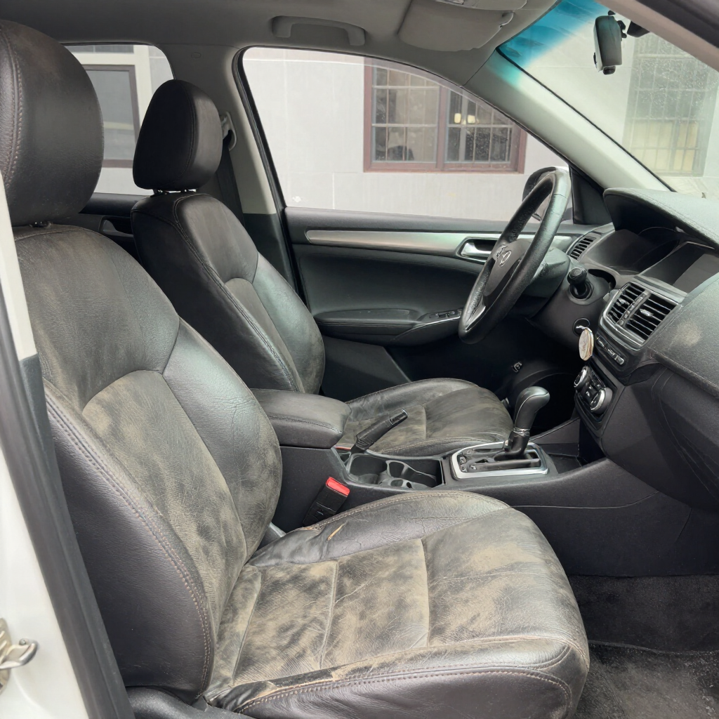 De bestuurders- en passagiersstoelen van een voertuiginterieur met versleten, donkergrijze lederen en stoffen bekleding.