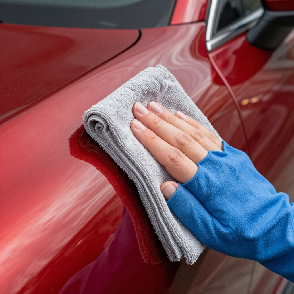 Een hand met een blauwe vingerloze handschoen houdt een grijze microvezeldoek vast om het glanzende rode oppervlak van een auto te poetsen.