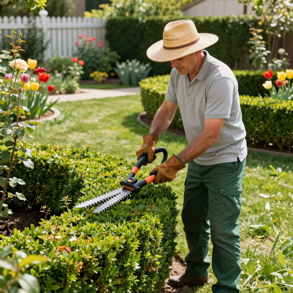 Een persoon met een strohoed en tuinhandschoenen gebruikt een heggenschaar om een ​​groene struik in een zonnige tuin te snoeien.