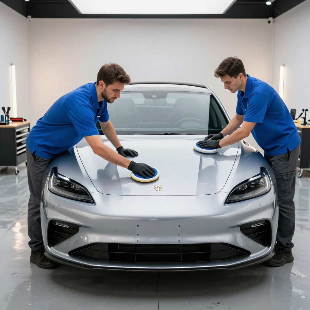 Twee monteurs in blauwe poloshirts en zwarte handschoenen poetsen de motorkap van een zilverkleurige auto in een felverlichte professionele garage.