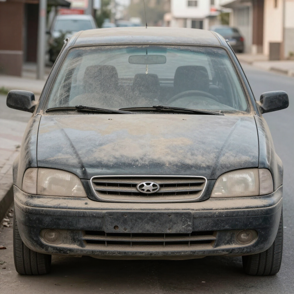 Een stoffige, donkergekleurde sedan staat geparkeerd op straat, van voren gezien.