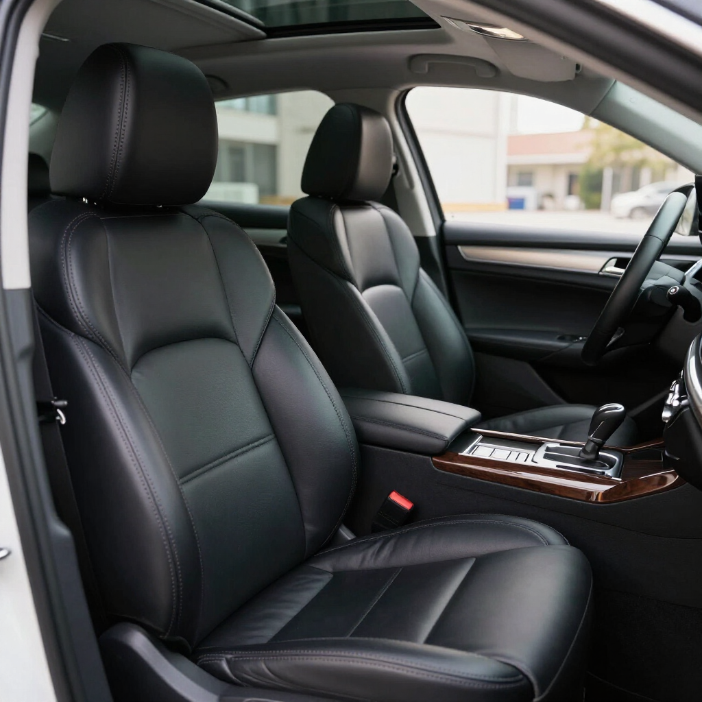 Het zwarte lederen interieur van een auto, met kuipstoelen, een middenconsole met houten afwerking en een stuurwiel.