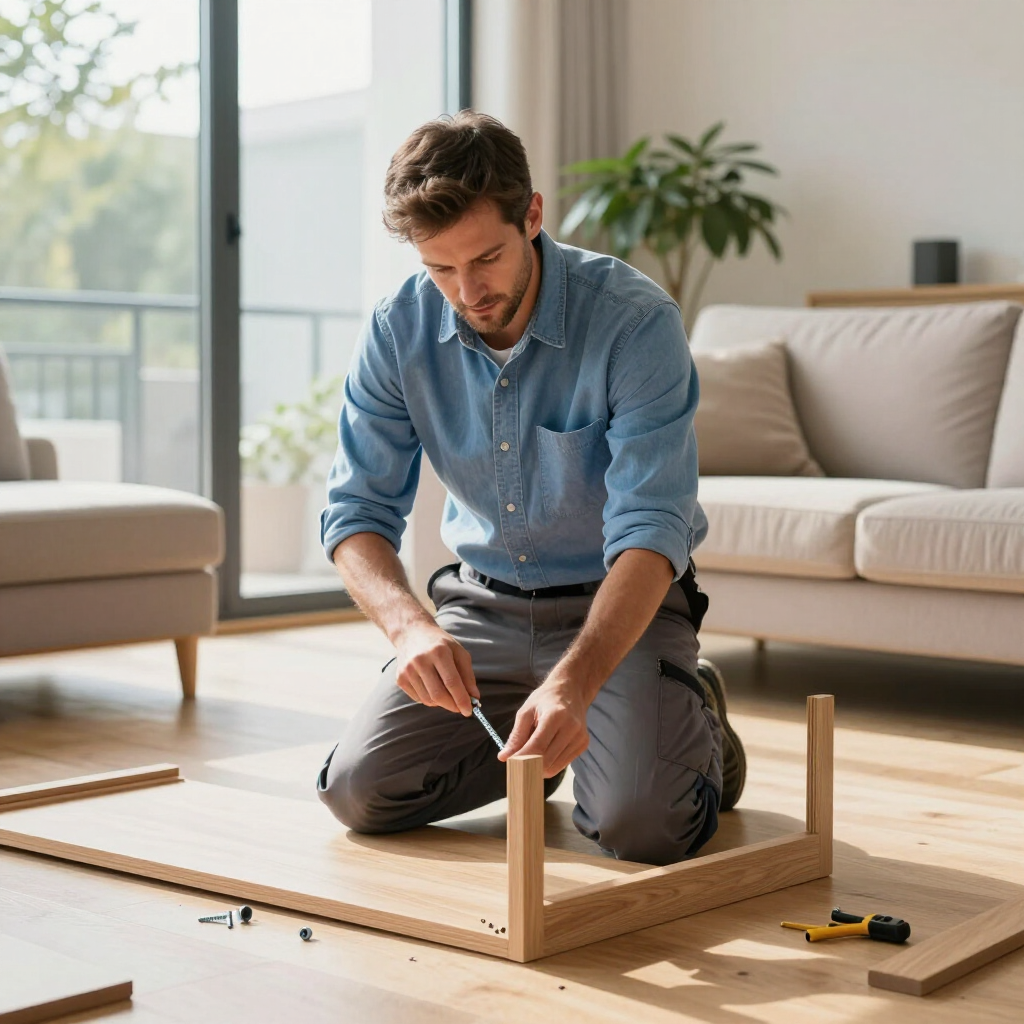 Een persoon knielt op een houten vloer en zet een lichtgekleurd houten meubelstuk in elkaar in een lichte, moderne woonkamer.