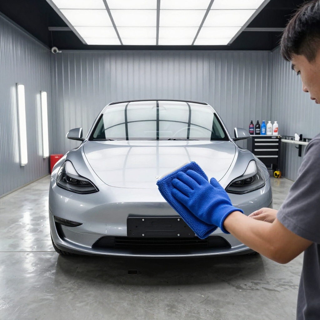 Een persoon met een blauwe poetshandschoen voor een zilveren Tesla in een professionele autodetailingsstudio.