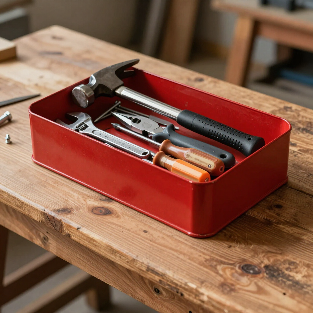Een rode metalen bak gevuld met een hamer, tangen en moersleutels staat op een houten werkbank.