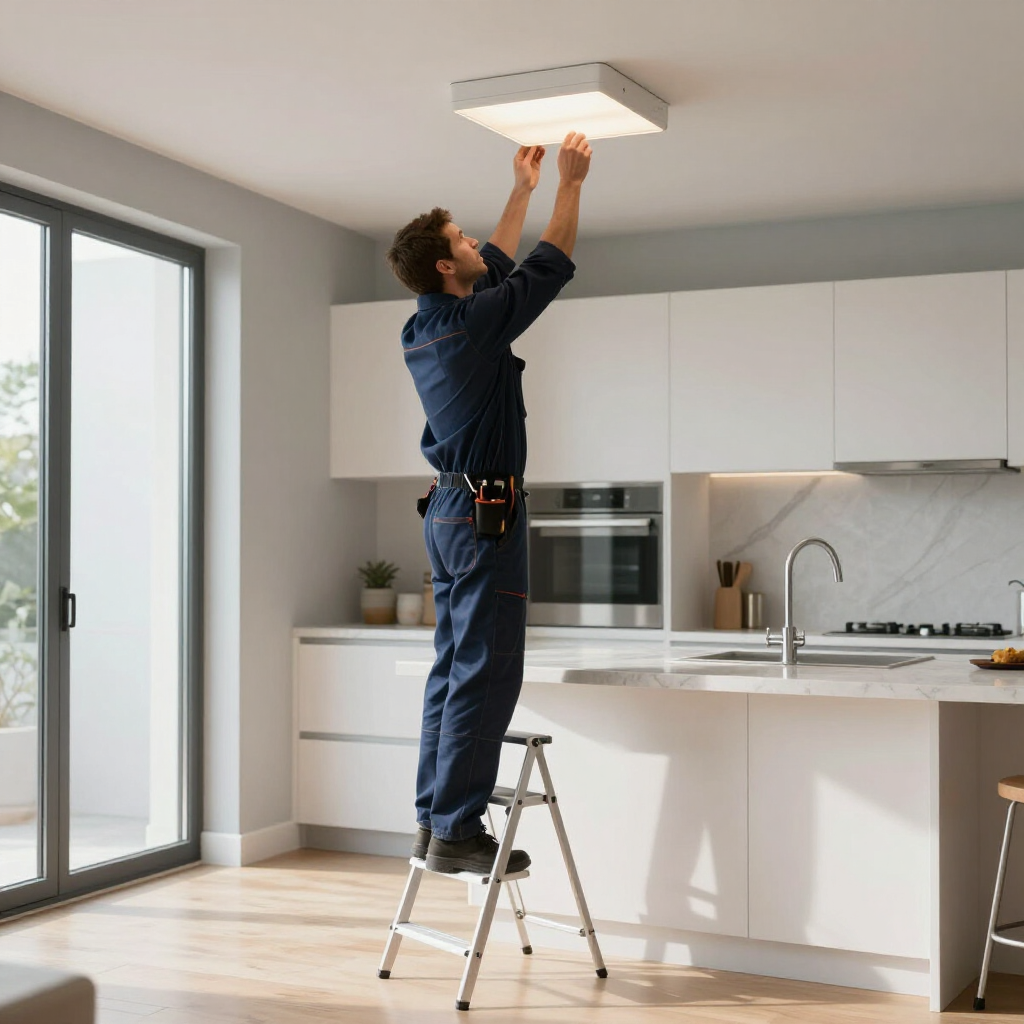 Een persoon in werkkleding staat op een ladder en installeert een vierkante lamp aan het plafond van een keuken.