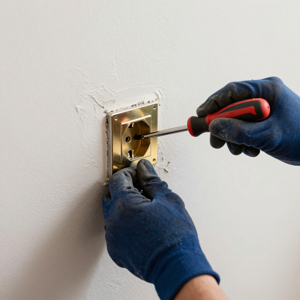 Met handschoenen aan gebruikt men een schroevendraaier om een ​​metalen stopcontact aan een witte muur te bevestigen.