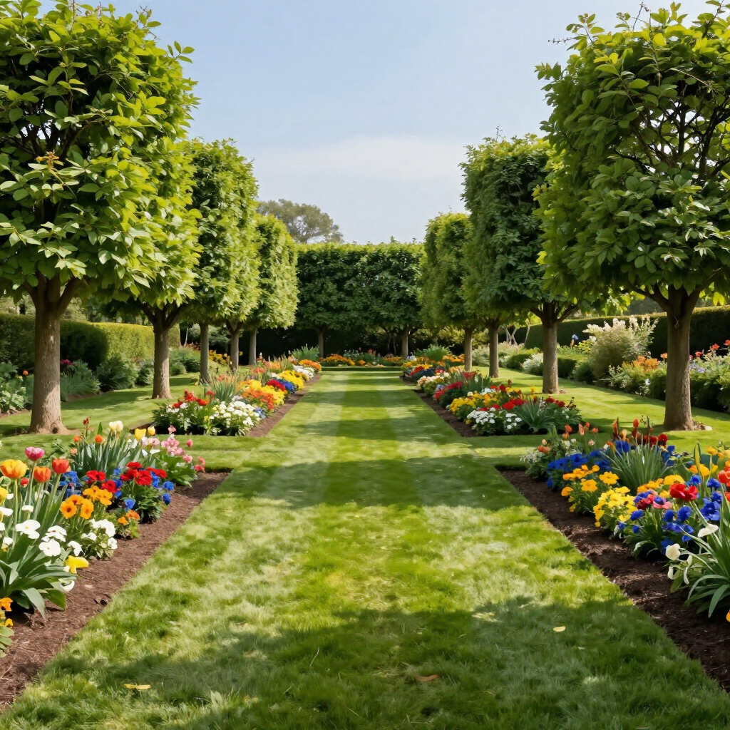 Een keurig aangelegd tuinpad, omzoomd met kleurrijke bloemen en rijen gesnoeide bomen, leidt naar een dichte haag in de verte.