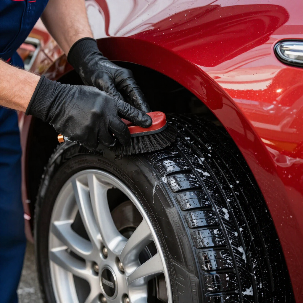 Een persoon met zwarte handschoenen schrobt een autoband met een borstel, terwijl op de achtergrond een rode autocarrosserie zichtbaar is.