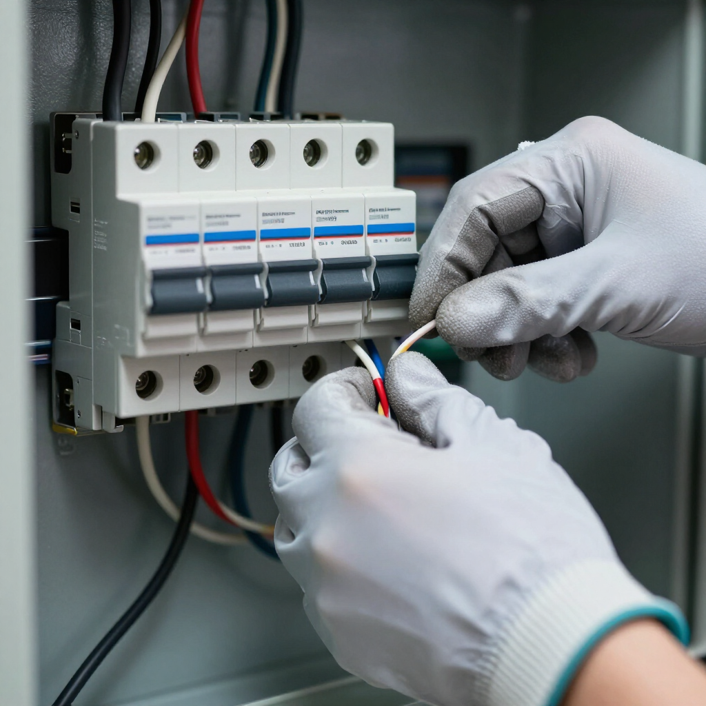 Met grijze werkhandschoenen aan verbindt men gekleurde elektrische draden met een stroomonderbreker in een elektrische verdeelkast.