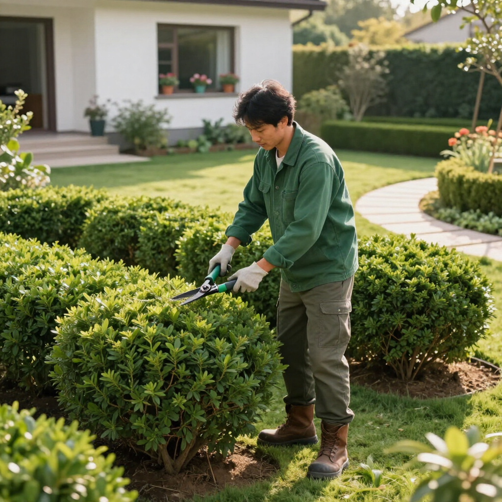 Een persoon in een groen shirt en een groene werkbroek gebruikt een snoeischaar om een ​​ronde heg in een zonnige tuin bij een woonhuis te snoeien.