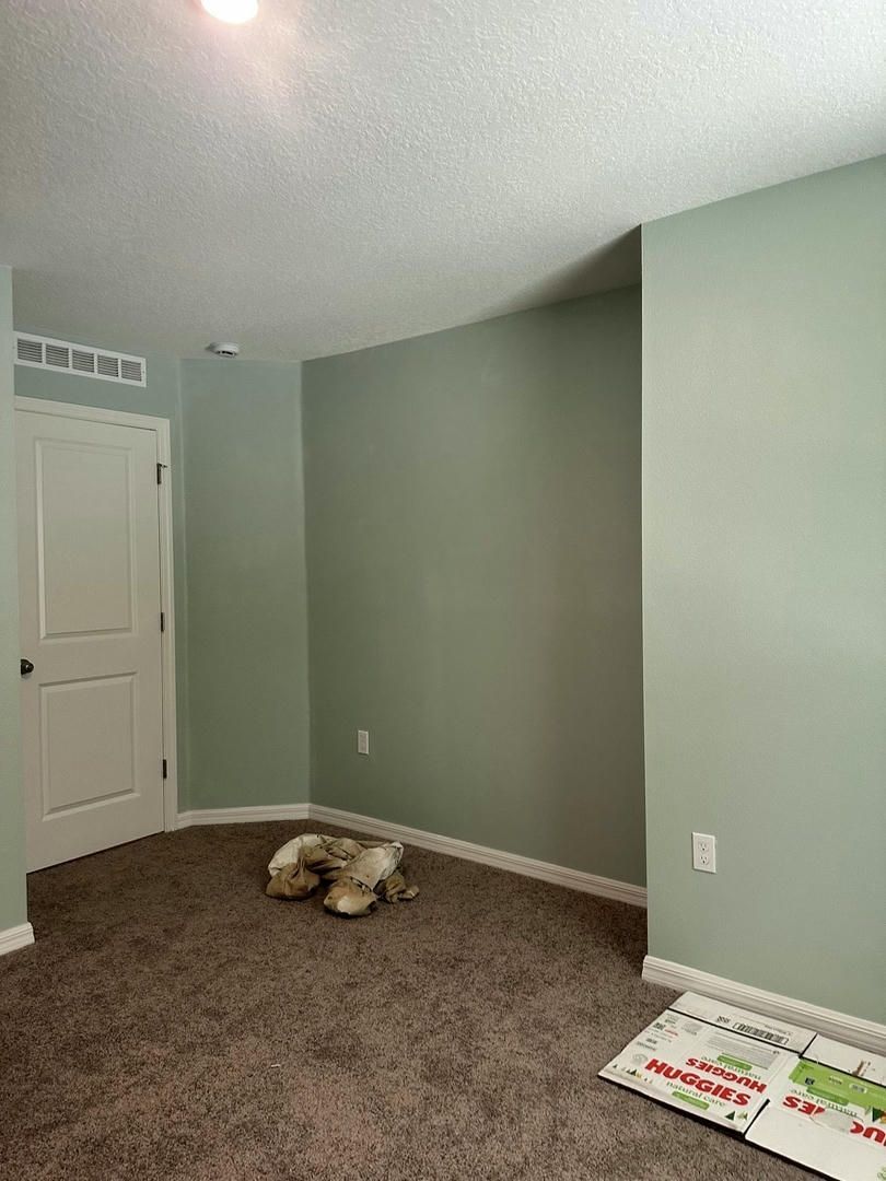 Empty room with light green walls, a white door, and brown carpet. A small light is in the ceiling.