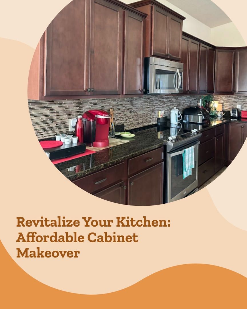 Kitchen with dark brown cabinets, appliances, and a mosaic backsplash. Text: Affordable Cabinet Makeover.