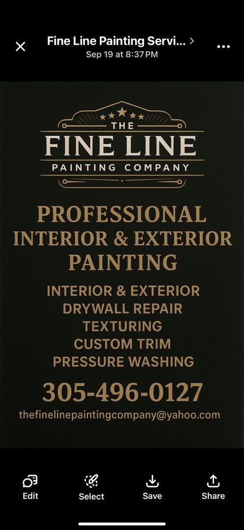 Black and gold business card for The Fine Line Painting Company, offering interior and exterior painting services.