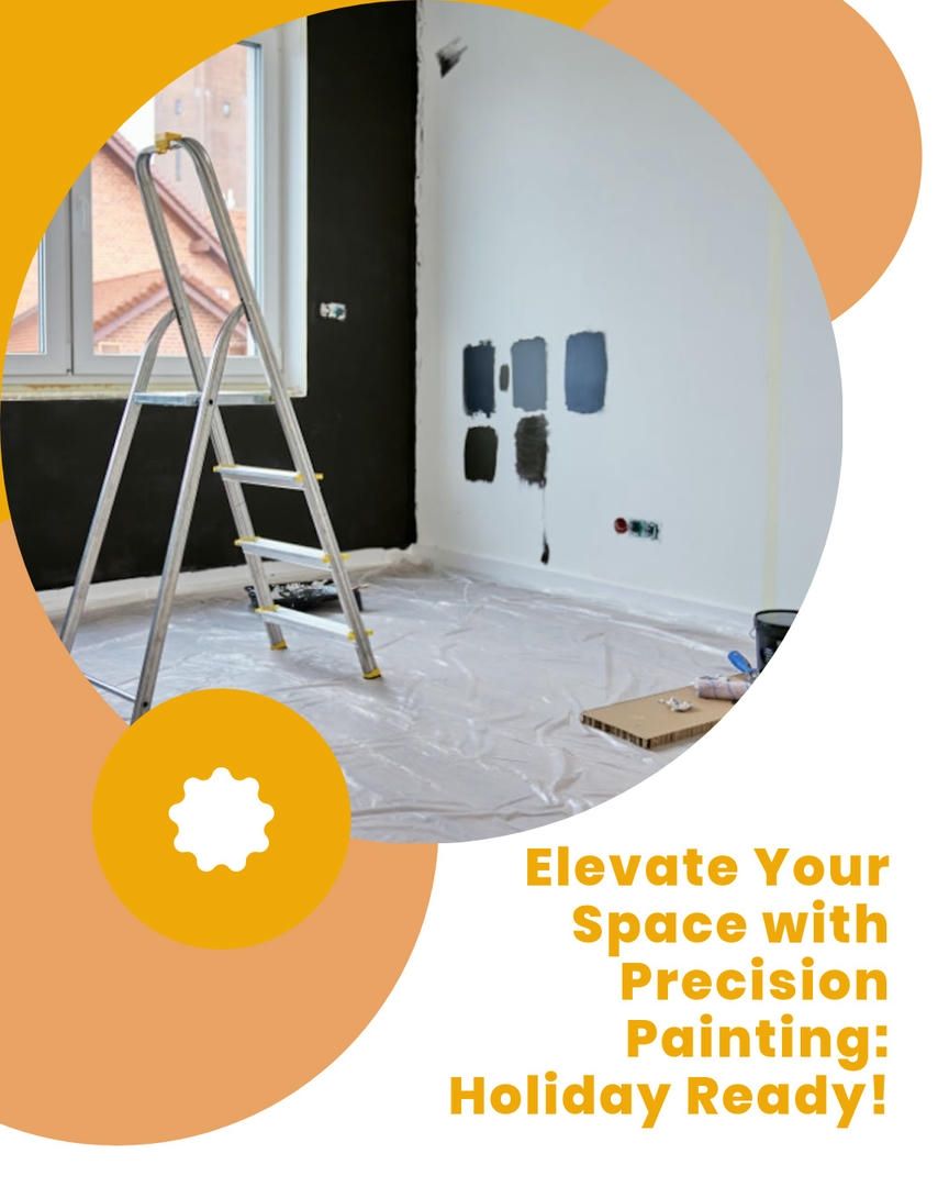 Room interior with ladder, paint samples, and freshly painted black wall, ready for holiday.